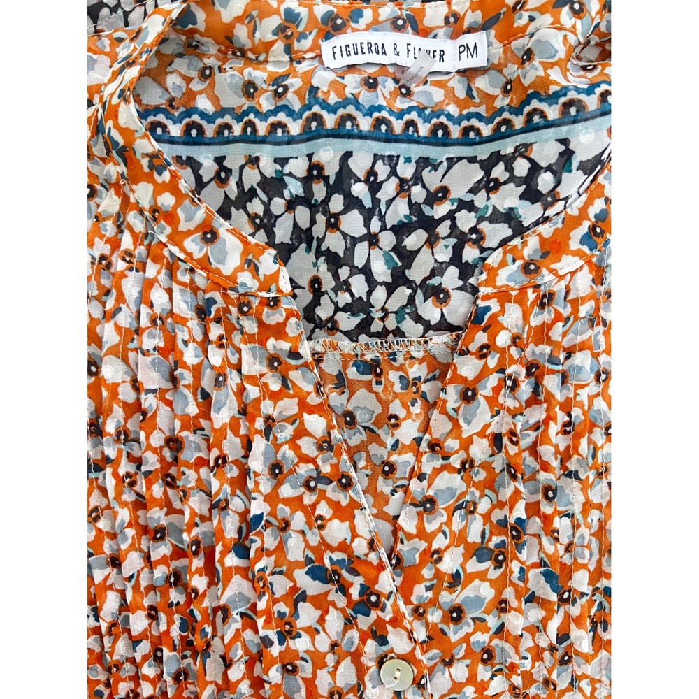 Figueroa & Flower Blouse PM Women Pintuck Floral Orange Boho Peasant Top
